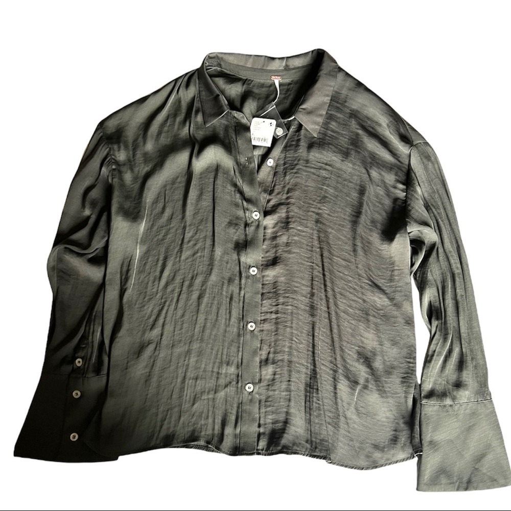 Free People Tan Relaxed Button Down Shirt with Mandarin Collar